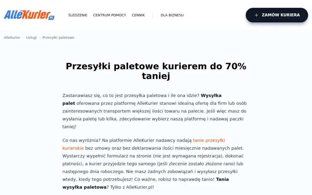 AlleKurier (przesyłki paletowe) — strona produktu na stronie producenta (zrzut ekranu)