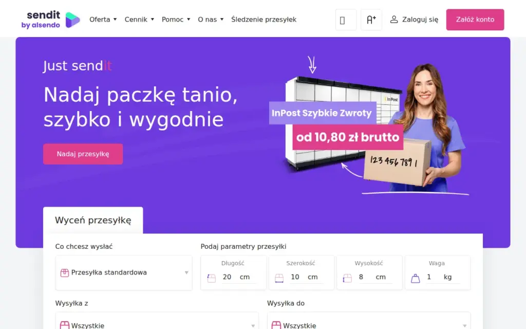 Sendit — strona produktu na stronie producenta (zrzut ekranu)